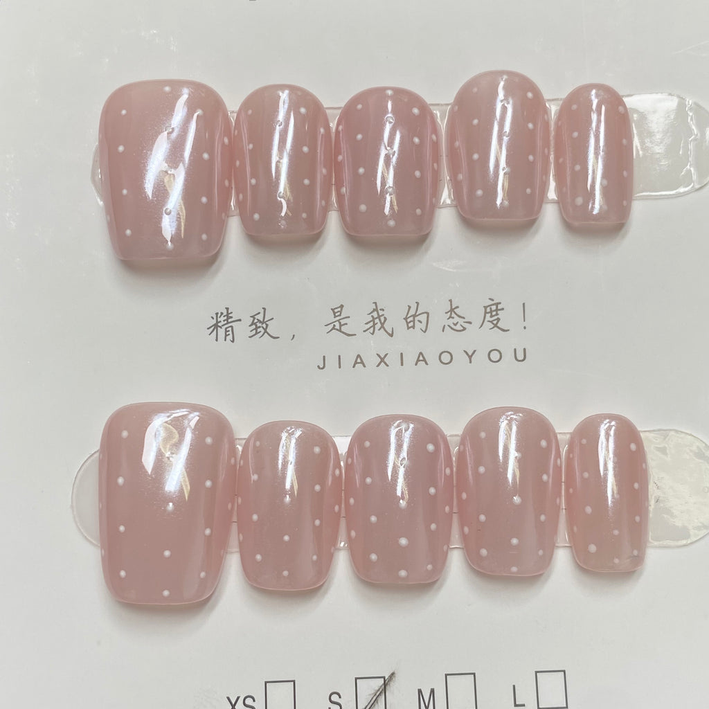 Icy nude pink aurora polka dot handmade nails -RT