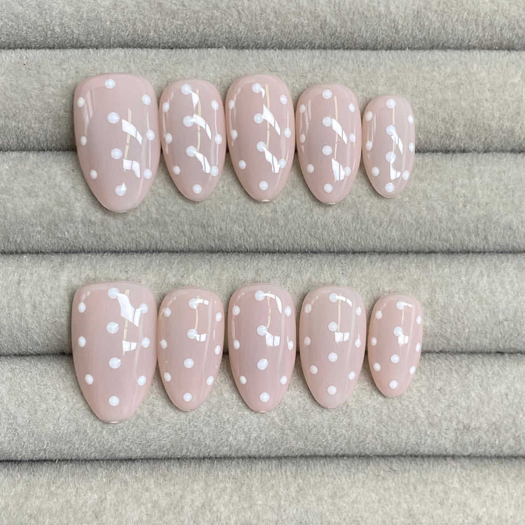 French retro nude pink polka dot handmade nails - RT