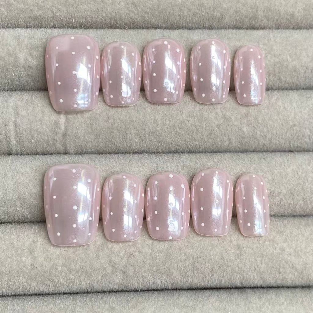 Icy nude pink aurora polka dot handmade nails -RT