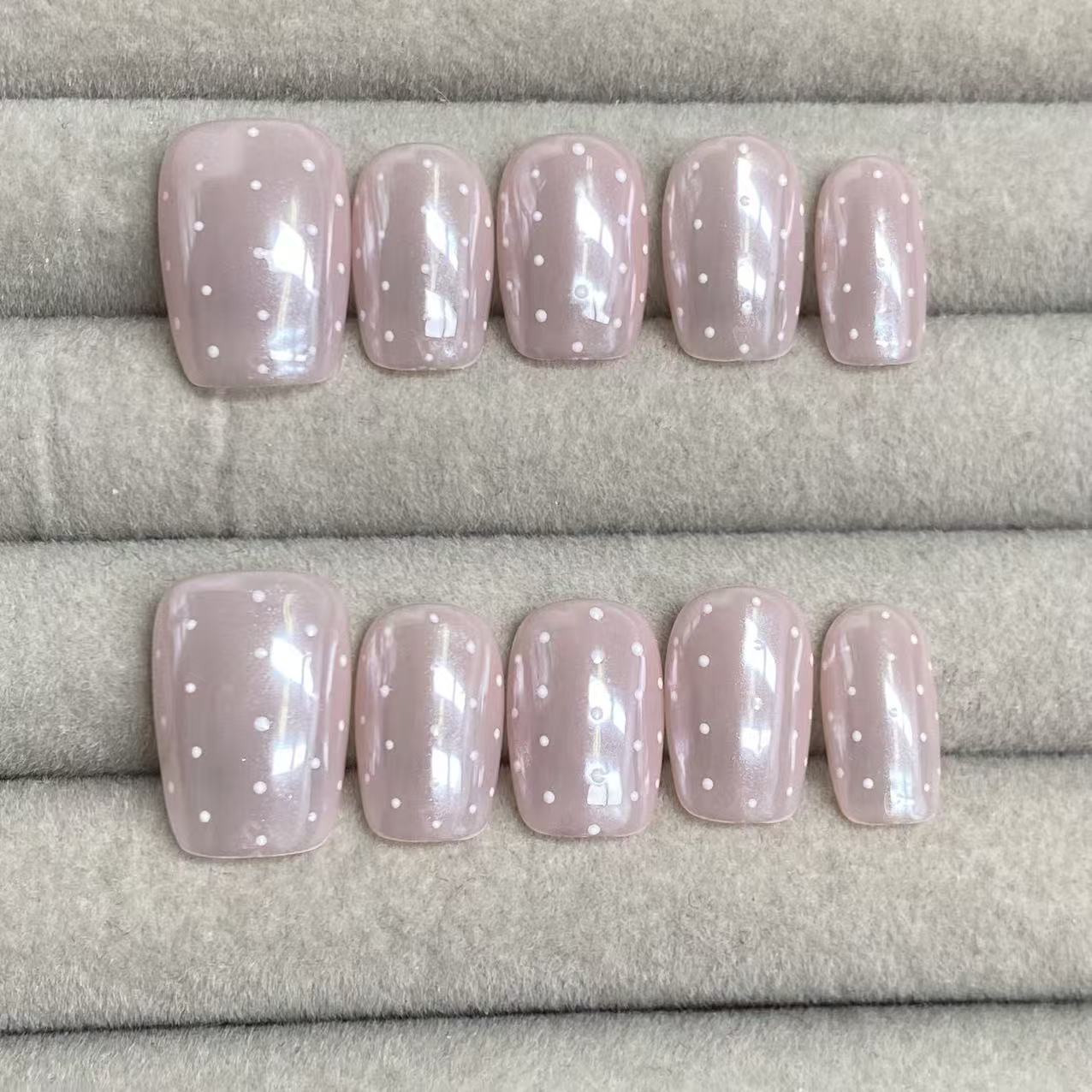 Icy nude pink aurora polka dot handmade nails -RT