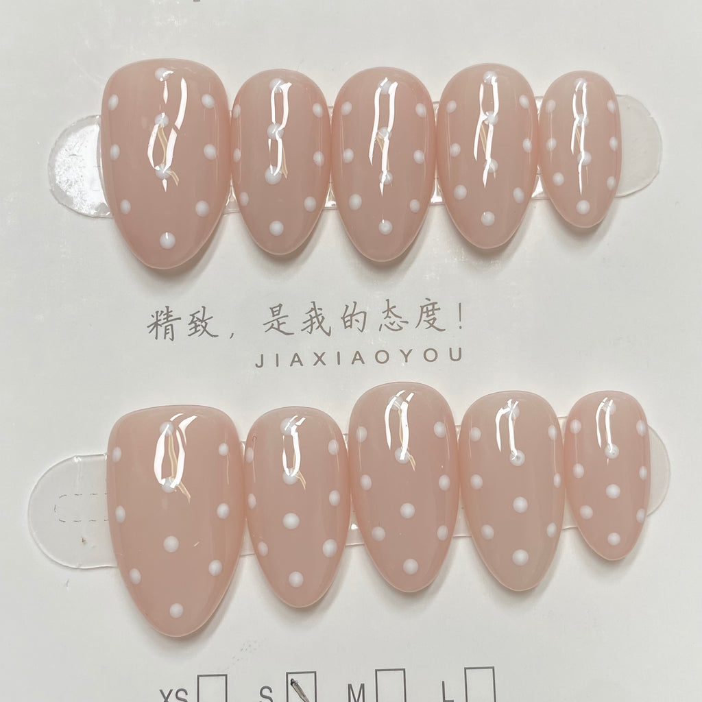 French retro nude pink polka dot handmade nails - RT