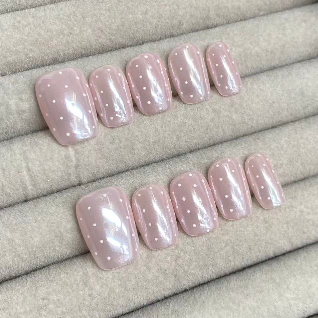 Icy nude pink aurora polka dot handmade nails -RT