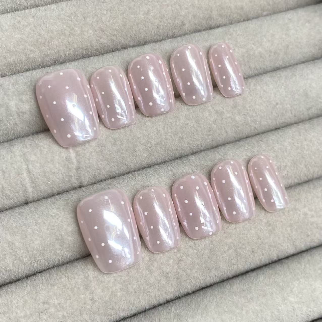 Icy nude pink aurora polka dot handmade nails -RT