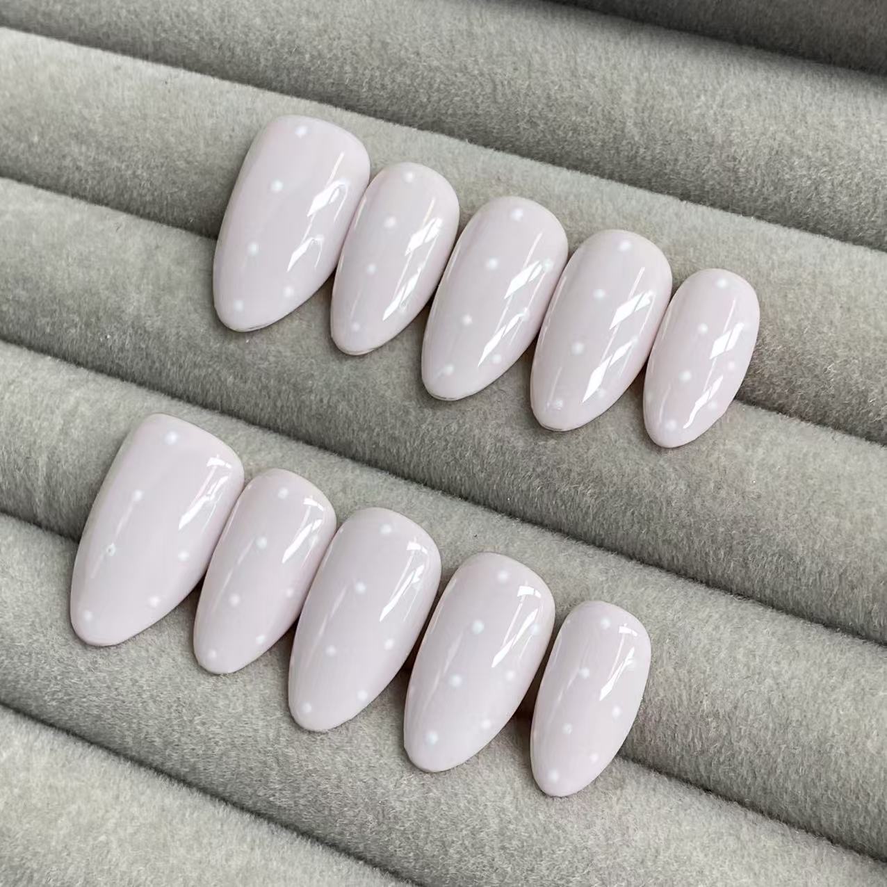 Milky Mist Nude Polka Dot Handmade Nails - RT