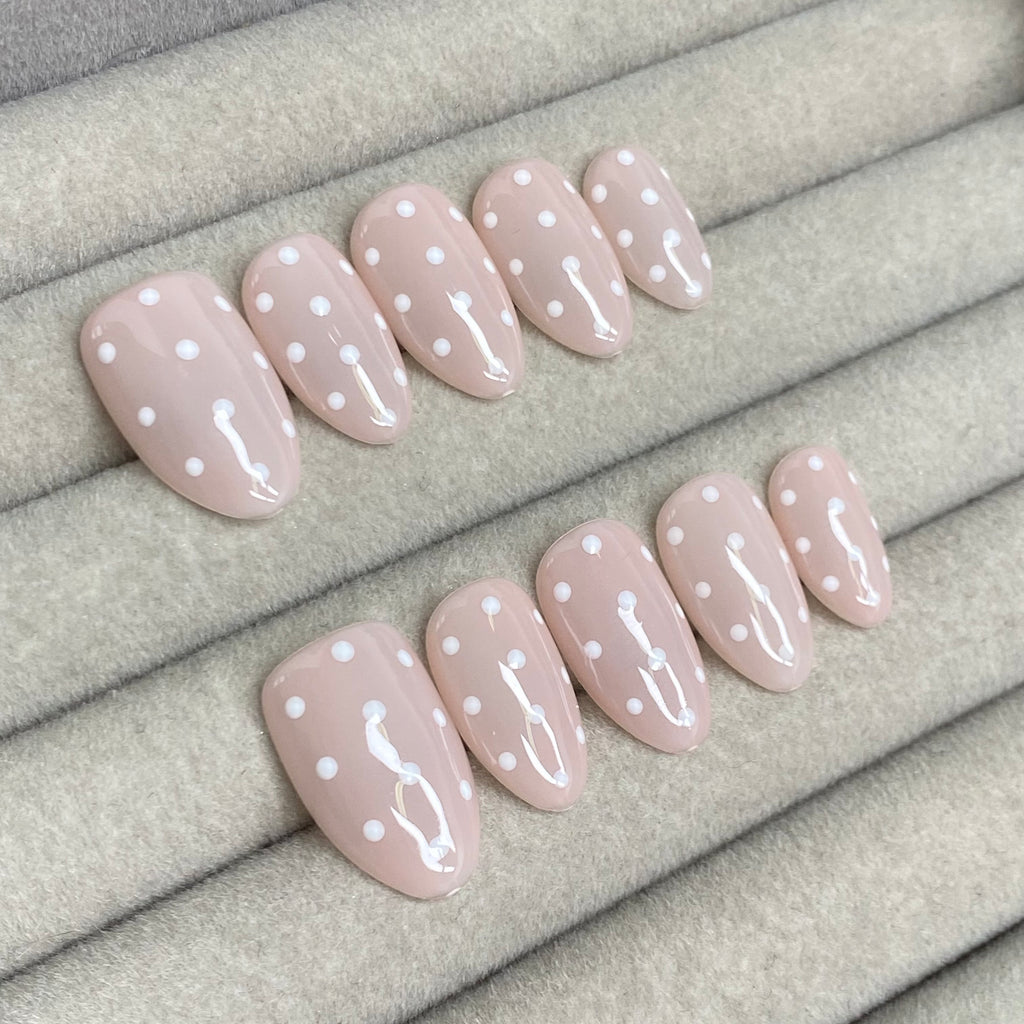 French retro nude pink polka dot handmade nails - RT