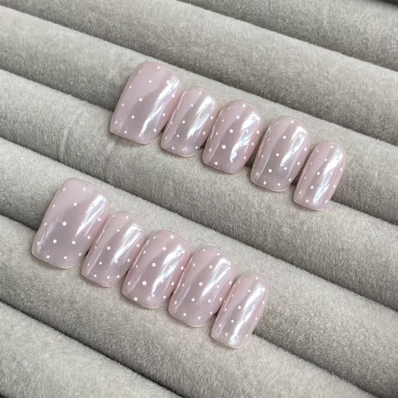 Icy nude pink aurora polka dot handmade nails -RT