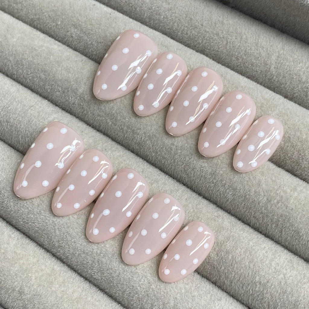 French retro nude pink polka dot handmade nails - RT